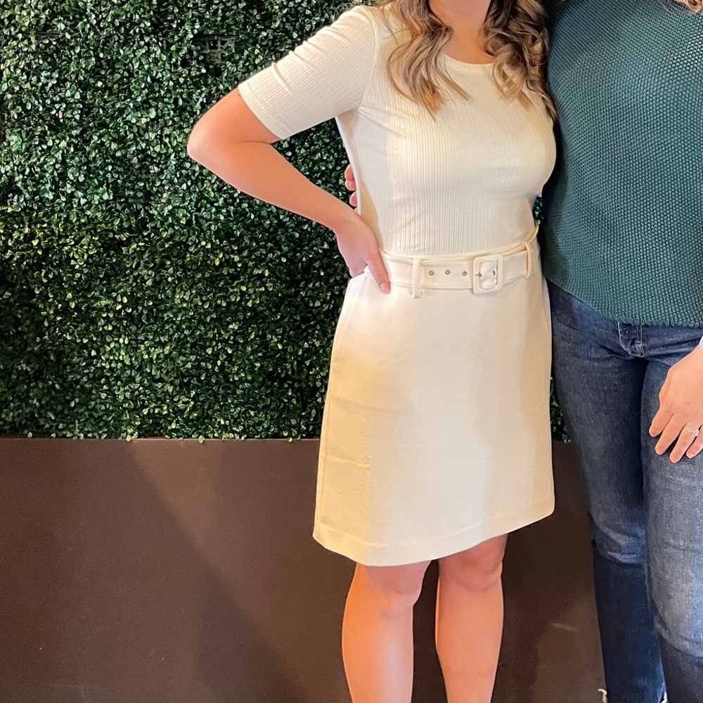 Cream Ribbed Short Sleeve Dress with Belt - Picture 4 of 4
